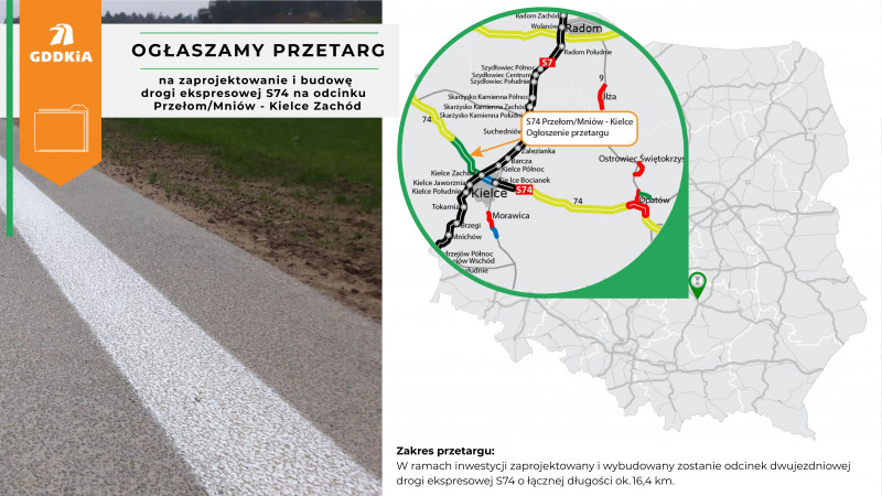 S74: GDDKiA ogłasza przetarg na odcinek od Miniowa do Kielc